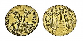 Constantinus IV, (668-685)
 with Heraclius and Tiberius. AV-Solidus, 674/681, Constantinopolis; Armored bust of v. v. with helmet, spear and shield //...