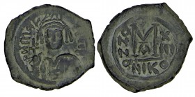 Maurice Tiberius AD 594/5. 
Æ 40 Nummi. Nicomedia, dated RY 13 = Possibly imitative. M AVP TIP PB(sic), crowned and cuirassed bust facing, holding glo...