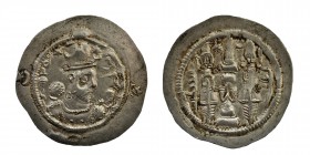 SASANIAN: Hormizd IV (579-590), 
AR Drachm, dated RY 11 (590). PL mint, Obv: Crowned bust right, Rev: Fire altar with ribbons and attendants; star and...