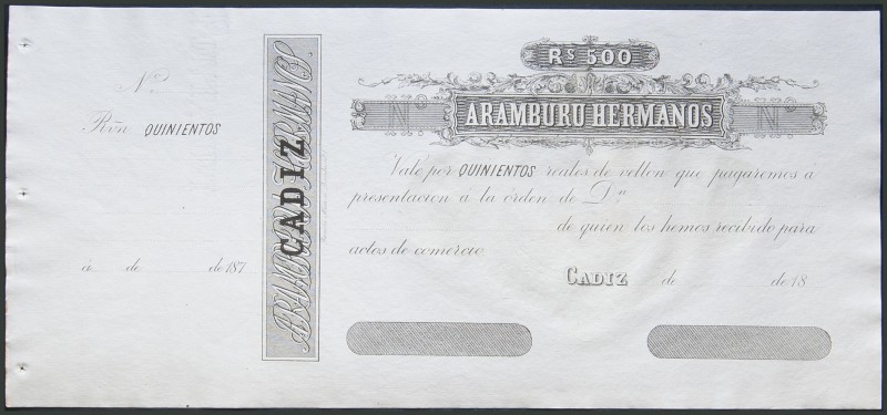 500 Reales de Vellón. (1870ca). Aramburu Hermanos, Cádiz (matriz a la izquierda)...