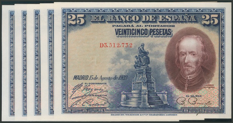 25 Pesetas. 15 de Agosto de 1928. Cinco billetes correlativos. Serie D. (Edifil ...