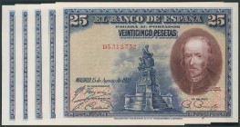 25 Pesetas. 15 de Agosto de 1928. Cinco billetes correlativos. Serie D. (Edifil 2017: 353). SC.