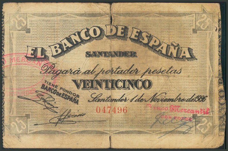 25 Pesetas. 1 de Noviembre de 1936. Banco de Santander, con la antefirma Banco M...