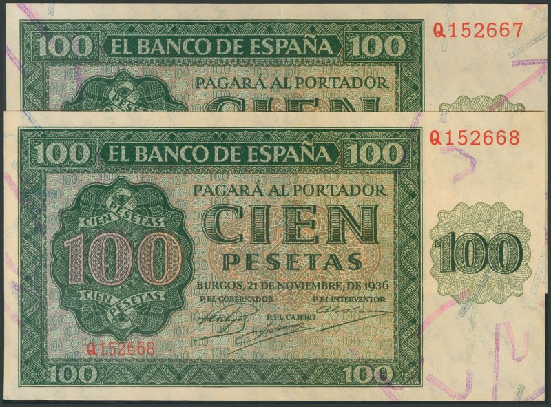 100 Pesetas. 21 de Noviembre de 1936. Banco de España, Burgos. Serie Q. Pareja c...