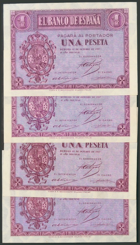 Conjunto de 4 billetes de 1 Peseta emitidos el 12 de Octubre de 1937, con las se...