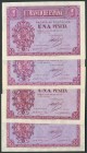 Conjunto de 4 billetes de 1 Peseta emitidos el 12 de Octubre de 1937, con las series A, B, C y E (Edifil 2017: 425, 425a), todos ellos con apresto ori...