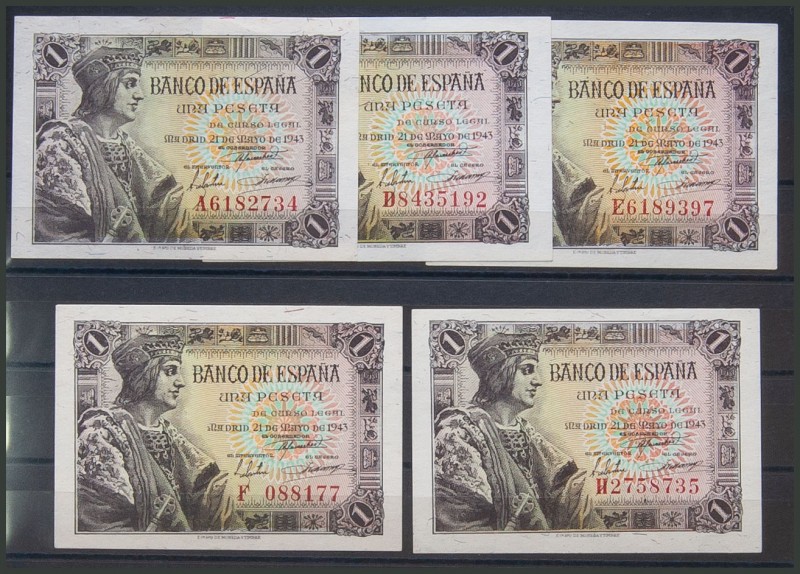 Conjunto de 5 billetes de 1 Peseta emitidos el 21 de Mayo de 1943 de las series ...