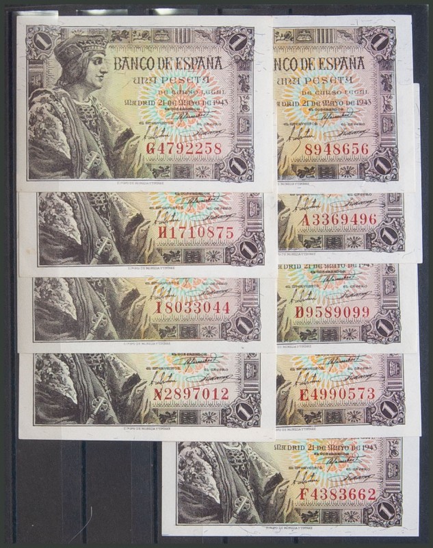 Conjunto de 9 billetes de 1 Peseta emitidos el 21 de Mayo de 1943, uno de ellos ...