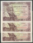 Conjunto de 3 billetes de 1 Peseta emitidos el 15 de Junio de 1945 de la serie A (Edifil 2017: 448a), con el apresto original. SC.