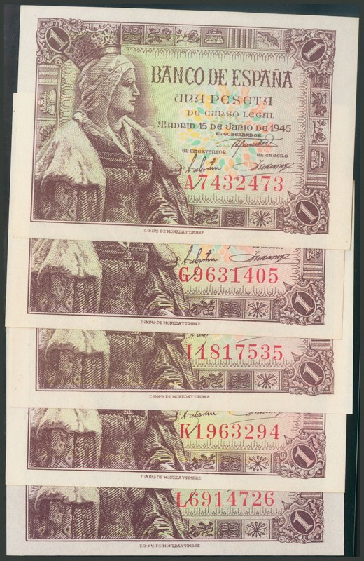 Conjunto de 5 billetes de 1 Peseta emitidos el 15 de Junio de 1945 de la series ...