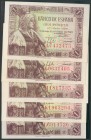 Conjunto de 5 billetes de 1 Peseta emitidos el 15 de Junio de 1945 de la series A, G, I, K y L (Edifil 2017: 448a), con el apresto original. SC.