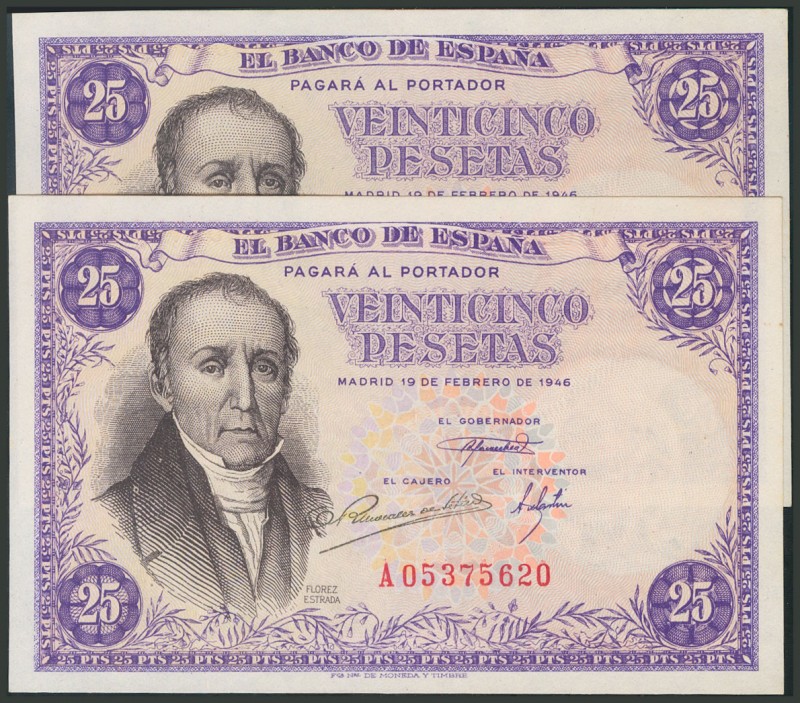 25 Pesetas. 19 de Febrero de 1946. Pareja correlativa. Serie A. (Edifil 2017: 45...