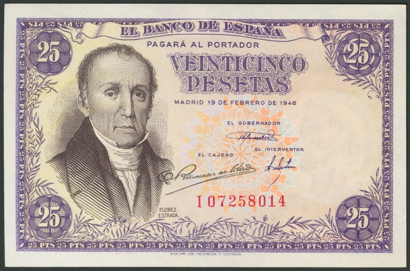 25 Pesetas. 19 de Febrero de 1946. Serie I. (Edifil 2017: 450a). Doblez vertical...