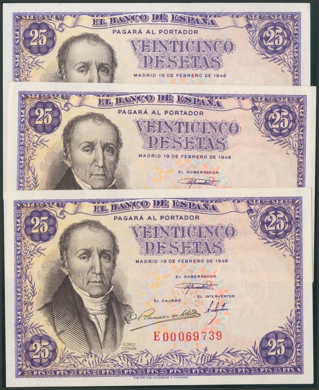 25 Pesetas. 19 de Febrero de 1946. Trío correlativo. Serie E. (Edifil 2017: 450a...