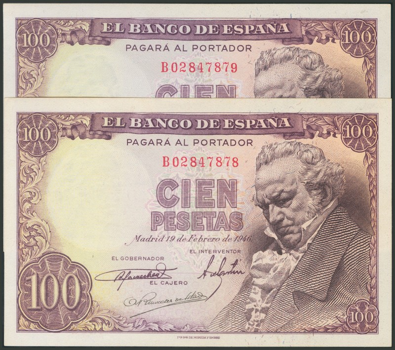 100 Pesetas. 19 de Febrero de 1946. Pareja correlativa. Serie B. (Edifil 2017: 4...