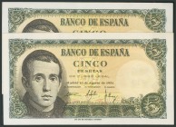 5 Pesetas. 16 de Agosto de 1951. Sin serie. Uno de los billetes leve doblez vertical. (Edifil 2017: 459). SC/EBC+.