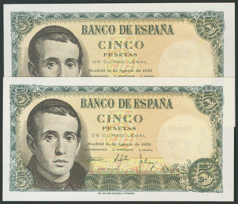 5 Pesetas. 16 de Agosto de 1951. Pareja correlativa. Sin serie. (Edifil 2017: 45...