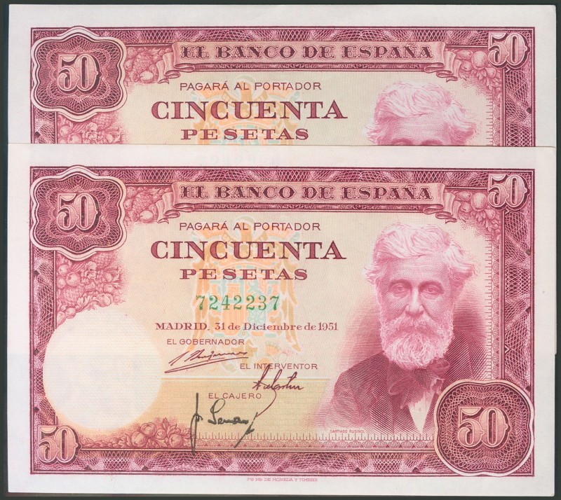 50 Pesetas. 31 de diciembre de 1951. Pareja correlativa. Sin serie. (Edifil 2017...