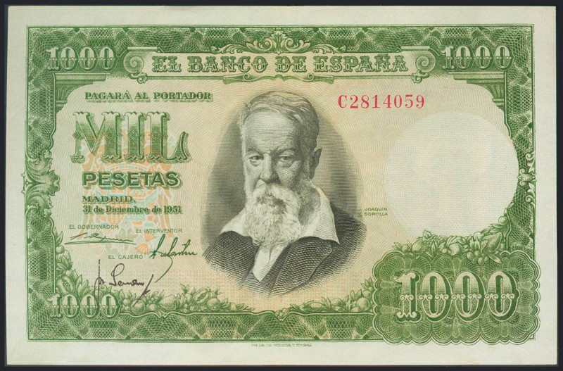 1000 Pesetas. 31 de Diciembre de 1951. Serie C. (Edifil 2017: 463a). Leve doblez...