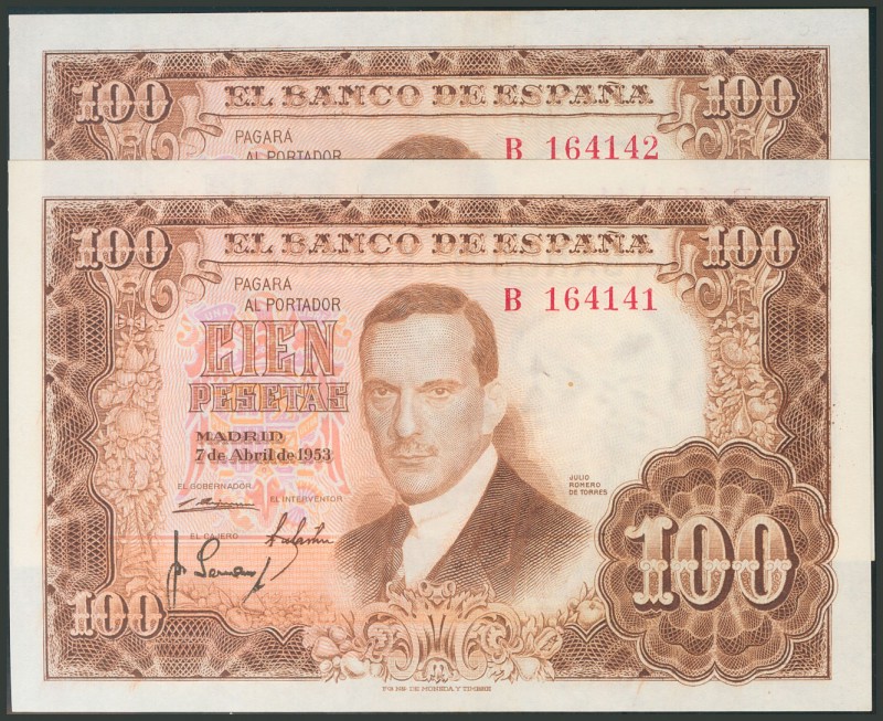 100 Pesetas. 7 de Abril de 1953. Pareja correlativa. Serie B. (Edifil 2017: 464b...