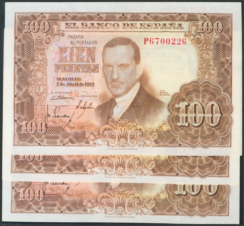 100 Pesetas. 7 de Abril de 1953. Trío correlativo. Serie P. (Edifil 2017: 464b)....