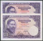 Conjunto de dos billetes de 25 Pesetas emitidos el 22 de Julio de 1954, con las serie A e I, respectivamente (Edifil 2017: 467a), ambos apresto origin...
