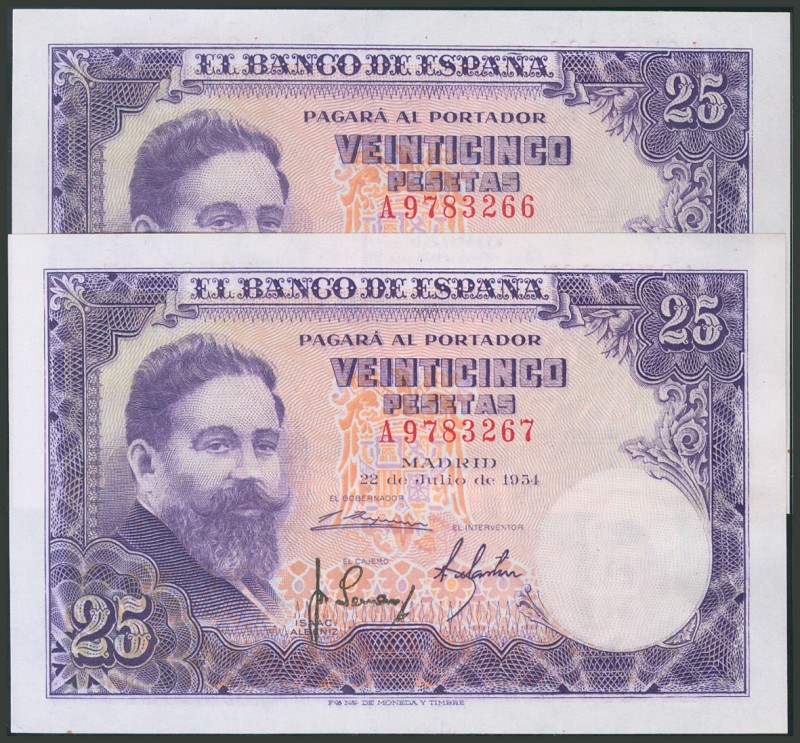 25 Pesetas. 22 de Julio de 1954. Pareja correlativa. Serie A. (EDifil 2017: 467a...