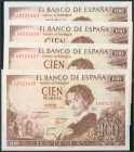 Conjunto de 4 billetes de 100 Pesetas emitidos el 19 de Noviembre de 1965 con la serie 1A, todos correlativos (Edifil 2017: 470a). EBC.