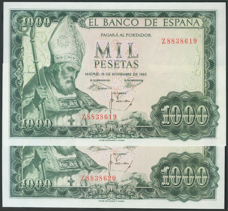 1000 Pesetas. 19 de Noviembre de 1965. Pareja correlativa. Serie Z. (Edifil 2017...