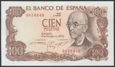 100 Pesetas. 17 de Noviembre de 1970. Sin serie. (Edifil 2017: 472). Leve doblez en la esquina inferior izquierda. EBC+.