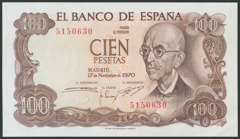 100 Pesetas. 17 de Noviembre de 1970. Sin serie. (Edifil 2017: 472). EBC.