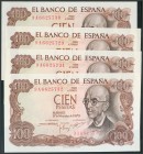 Conjunto de 4 billetes de 100 Pesetas, emitidos el 17 de Noviembre de 1970, todos ellos correlativos y con la serie 9A. Edifil 2017: 472d. SC/SC-.