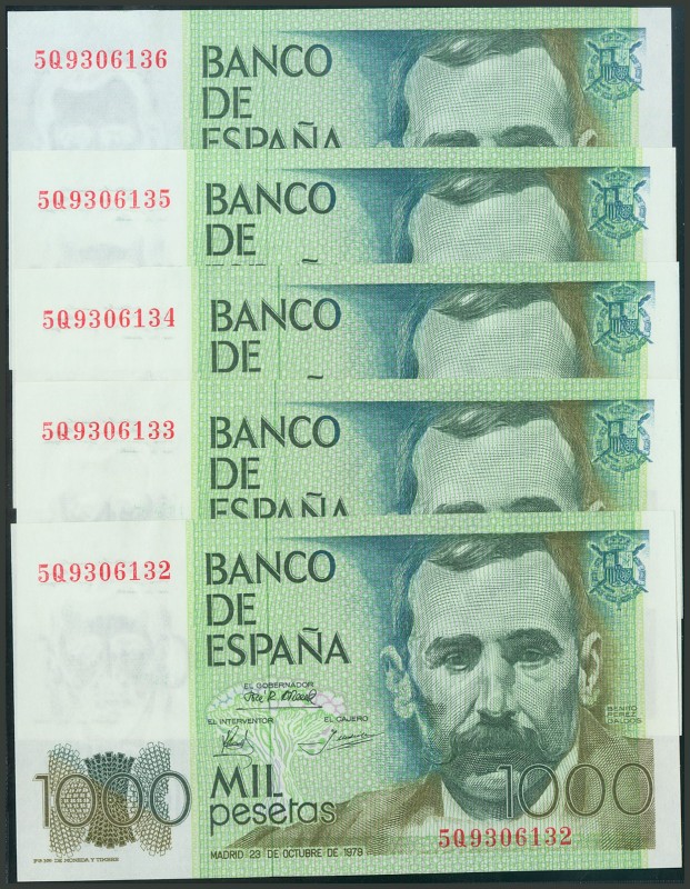 Conjunto de 5 billetes correlativos de 1000 Pesetas emitidos el 23 de Diciembre ...