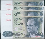 Conjunto de 4 billetes correlativos de 10.000 Pesetas emitidos el 24 de Septiembre de 1985 sin serie (Edifil 2017: 481). SC.