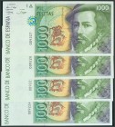 Conjunto de 4 billetes correlativos de 1000 Pesetas emitidos el 12 de Octubre de 1992 sin serie (Edifil 2017: 483), con el apresto original. SC.
