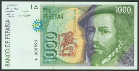 Conjunto de 6 billetes correlativos de 1000 Pesetas emitidos el 22 de Octubre de 1992 de la serie A (Edifil 2017: 483a), con el apresto original. SC/S...