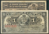 CUBA. 50 Centavos y 1 Peso. 15 de Mayo de 1896. Banco de la Isla de Cuba. Series H y G, respectivamente. (Echenagusía: 43, 45). EBC.