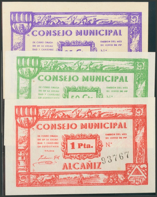 ALCAÑIZ (TERUEL). 25 Céntimos, 50 Céntimos y 1 Peseta. Junio de 1938. (González:...