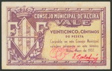 ALCIRA (VALENCIA). 25 Céntimos. Mayo 1937. Serie A. (González: 324). EBC.