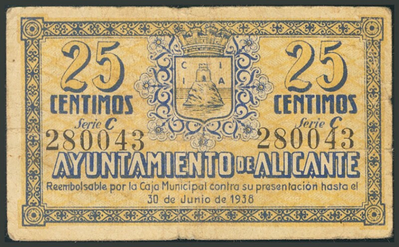 ALICANTE. 25 Pesetas. 17 de Junio de 1938. Serie C. (González: 508). MBC.