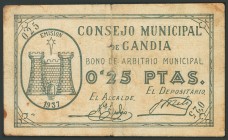 GANDIA (VALENCIA). 25 Céntimos. 1937. Serie A. (González: 2610). BC.