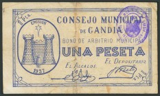 GANDIA (VALENCIA). 1 Peseta. (1938ca). Serie A. (González: 2611). BC.