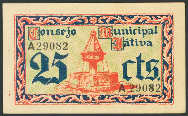 JATIVA (VALENCIA). 25 Céntimos. 5 de Junio de 1937. Serie A. (González: 3024). E...