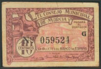 MURCIA. 10 Céntimos. 1938. Serie G. (González: 3770). MBC.