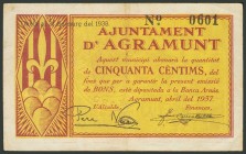 AGRAMUNT (LERIDA). 50 Céntimos. Abril 1937. (González: 6014). MBC.