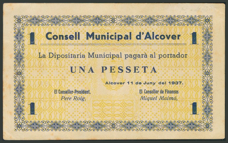 ALCOVER (TARRAGONA). 1 Peseta. 11 de Junio de 1937. Serie A. (González: 6147). E...