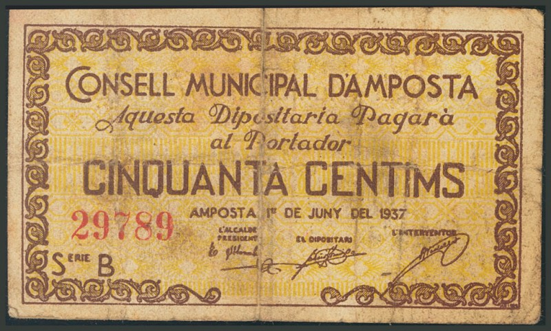 AMPOSTA (TARRAGONA). 50 Céntimos. 1 de Junio de 1937. Serie B. (González: 6275)....