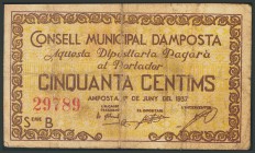 AMPOSTA (TARRAGONA). 50 Céntimos. 1 de Junio de 1937. Serie B. (González: 6275). RC.