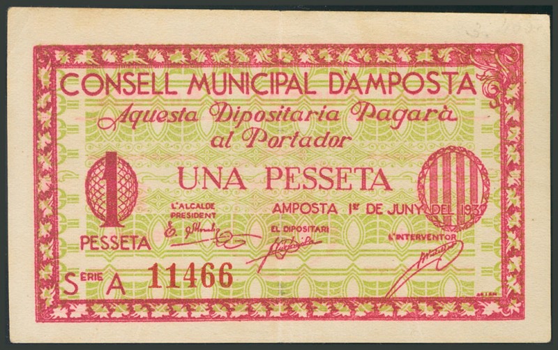 AMPOSTA (TARRAGONA). 1 Peseta. 1 de Junio de 1937. Serie A. (González: 6276). MB...