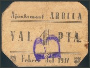 ARBECA (LERIDA). 1 Peseta. Febrero 1937. Serie B. (González: 6309). BC.